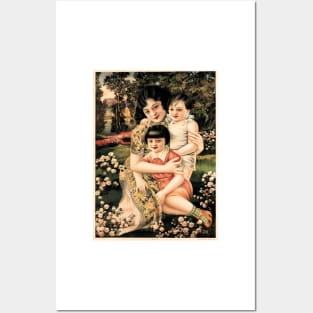 Happy Family with Children Garden Picnic Retro Vintage Chinese Posters and Art